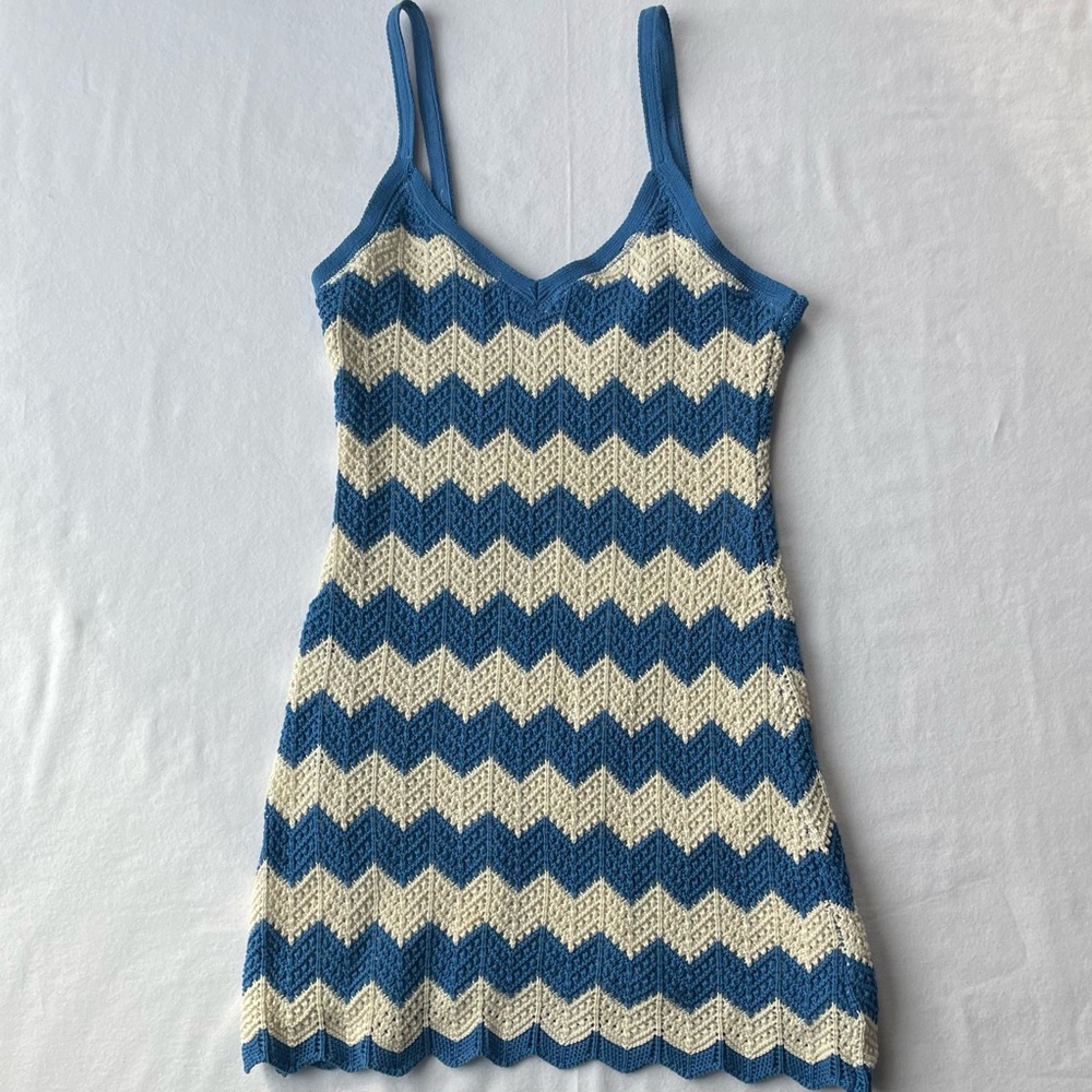 Z Supply Blue Wave Allure Knit Stripe Crochet Mini Dress Size M EUC